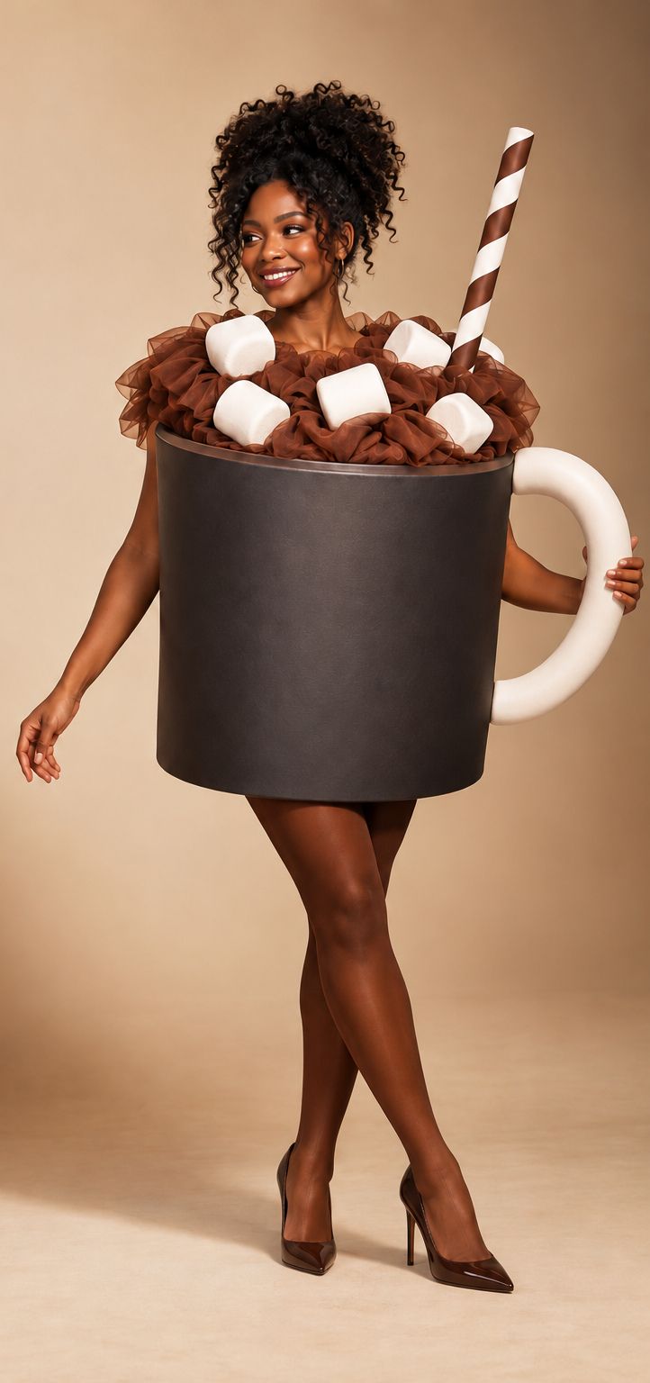 The Hot Chocolate costume: an oversized mug with a cream handle, piled with cocoa ruffles, marshmallows, and a striped straw.